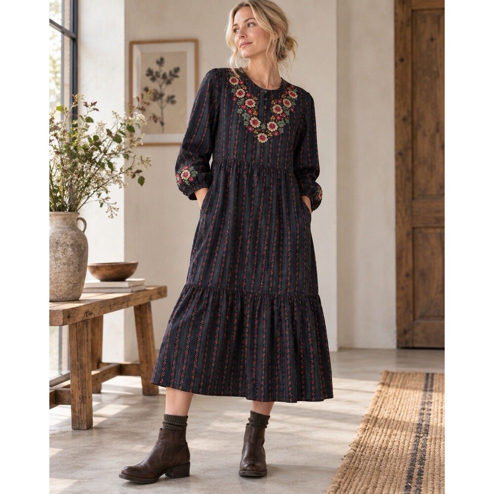 Gudrun Sjoden Organic Cotton Multi Color Floral Embroidered Midi Dress Pockets